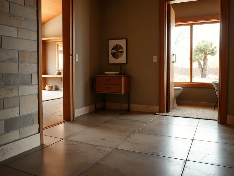 Illustration of close-up of materials and finishes of floor with freshly laid large-format tile in a 1965-era home