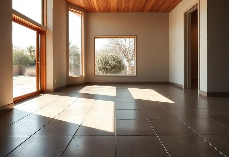 Illustration of floor with freshly laid large-format tile in a 1965-era home