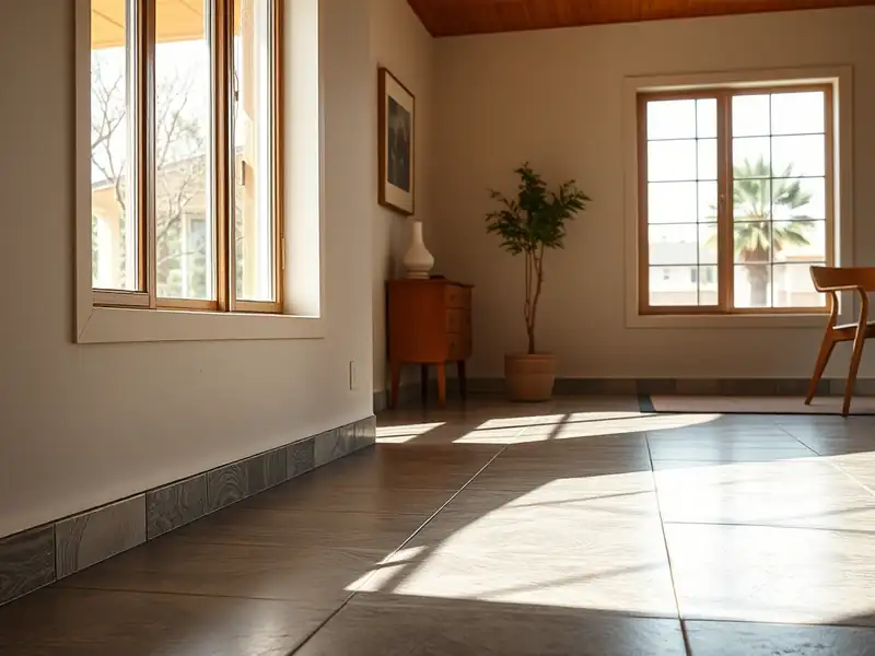 Illustration of close-up of materials and finishes of floor with freshly laid large-format tile in a 1965-era home