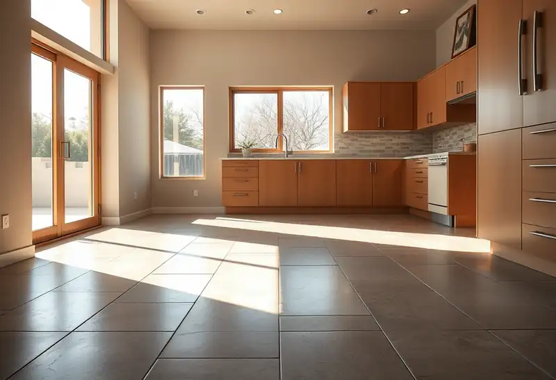 Illustration of floor with freshly laid large-format tile in a 1965-era home