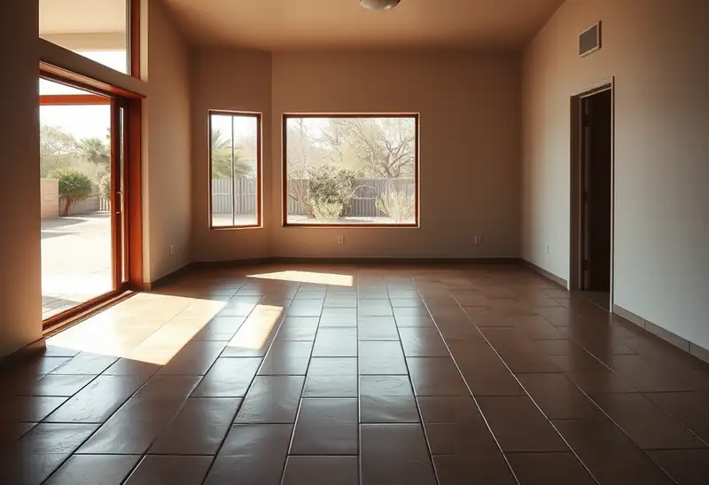 Illustration of floor with freshly laid large-format tile in a 1965-era home