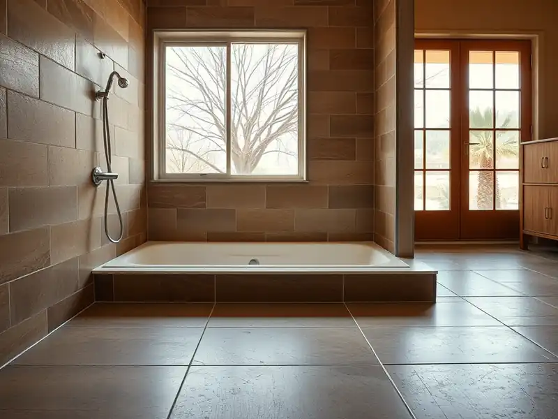Illustration of close-up of materials and finishes of floor with freshly laid large-format tile in a 1965-era home