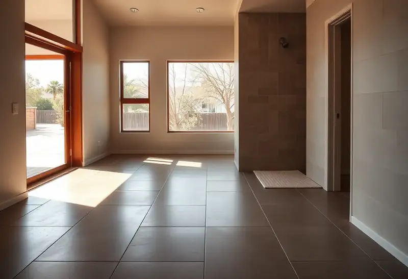 Illustration of floor with freshly laid large-format tile in a 1965-era home