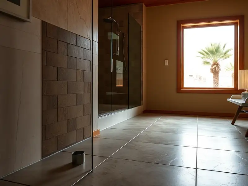 Illustration of close-up of materials and finishes of floor with freshly laid large-format tile in a 1965-era home