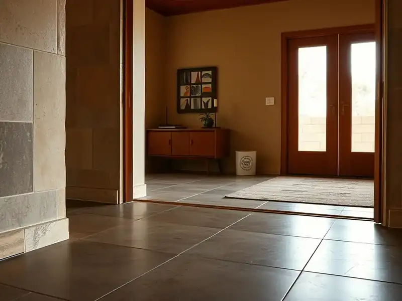 Illustration of close-up of materials and finishes of floor with freshly laid large-format tile in a 1965-era home