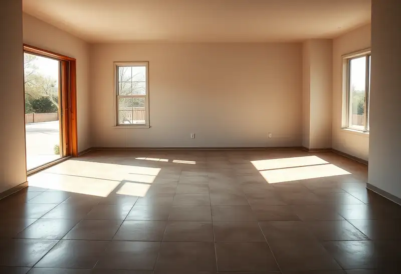Illustration of floor with freshly laid large-format tile in a 1965-era home