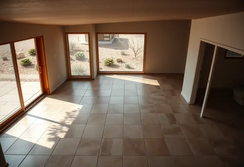 Illustration of floor with freshly laid large-format tile in a 1965-era home