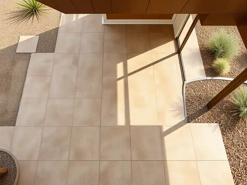 Illustration of close-up of materials and finishes of floor with freshly laid large-format tile in a 1965-era home