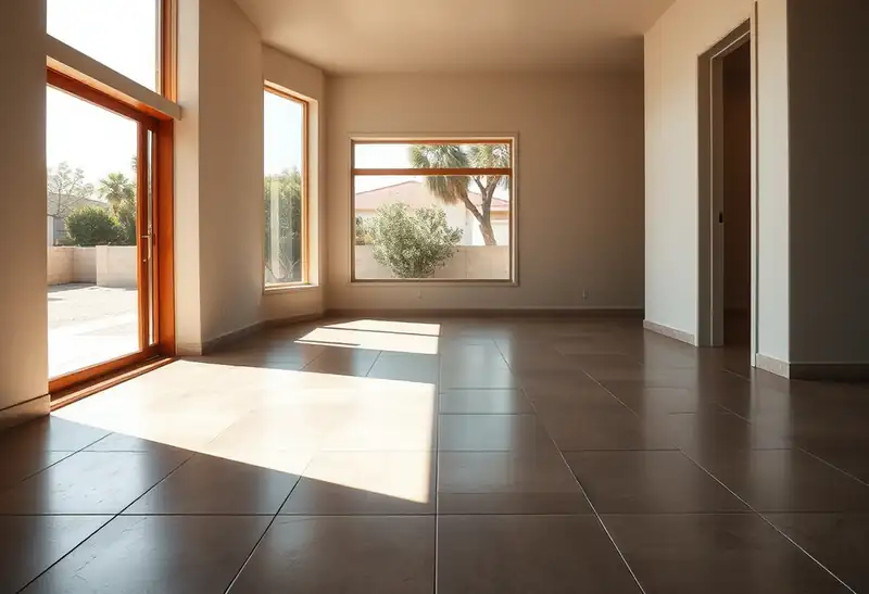 Illustration of floor with freshly laid large-format tile in a 1965-era home