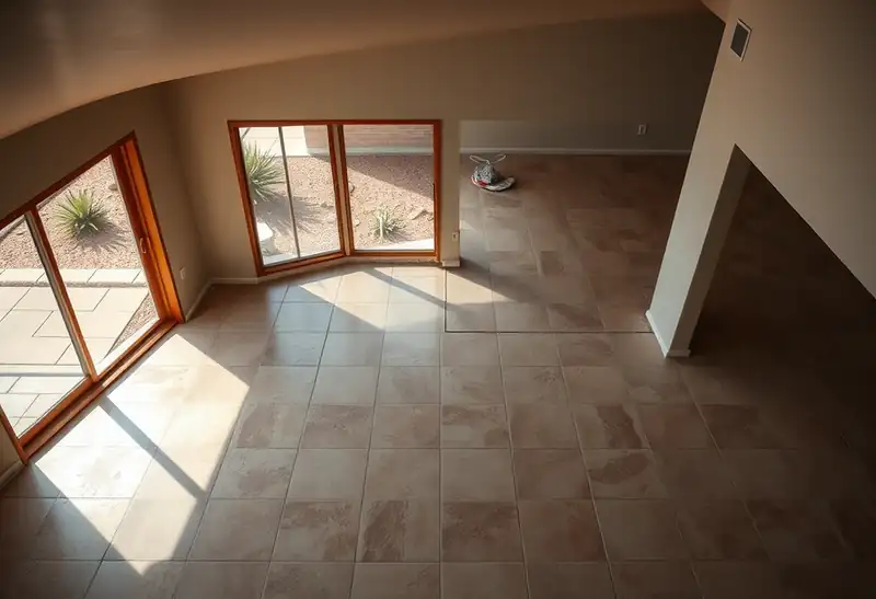 Illustration of floor with freshly laid large-format tile in a 1965-era home