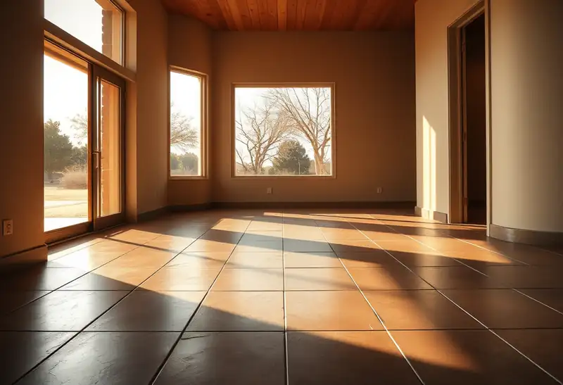 Illustration of floor with freshly laid large-format tile in a 1965-era home
