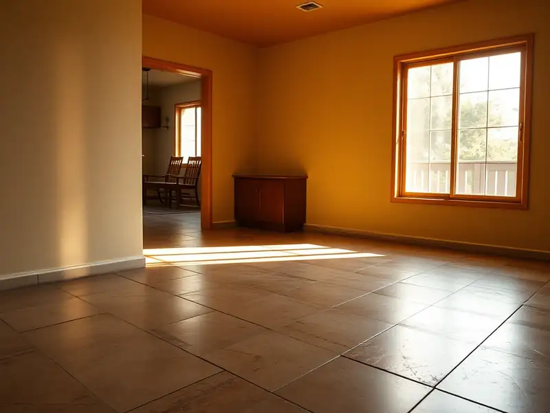 Illustration of wider view of the space of floor with freshly laid large-format tile in a 1965-era home