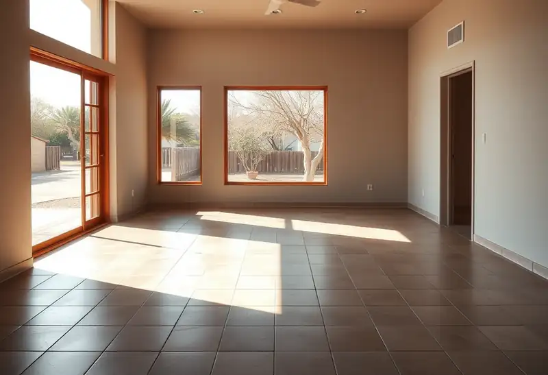 Illustration of floor with freshly laid large-format tile in a 1965-era home