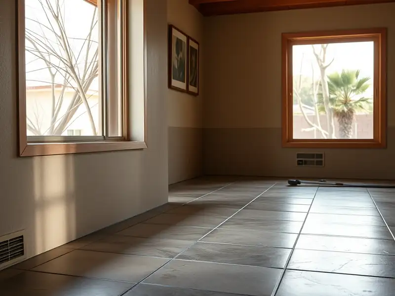 Illustration of close-up of materials and finishes of floor with freshly laid large-format tile in a 1965-era home